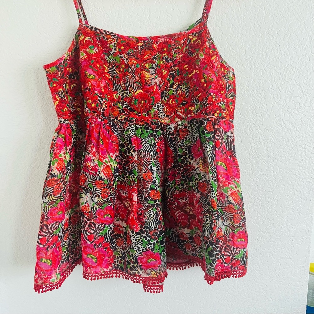 Anthropologie babydoll spaghetti strap floral red shirt flowy style Payal Jain